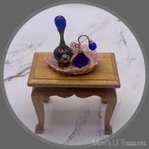 Dollhouse Miniatures • Blue Perfume Bottle Set with Pink Doily Lined Vanity Tray - £6.97 GBP