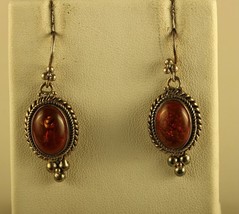 Vintage Sterling Sign 925 BA Suarti Bali Indonesia Amber Cabochon Hook Earrings - £51.43 GBP