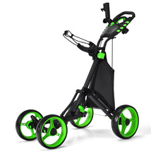 Folding 4 Wheels Golf Push Cart W/Bag Scoreboard Adjustable Handle Green - $228.99