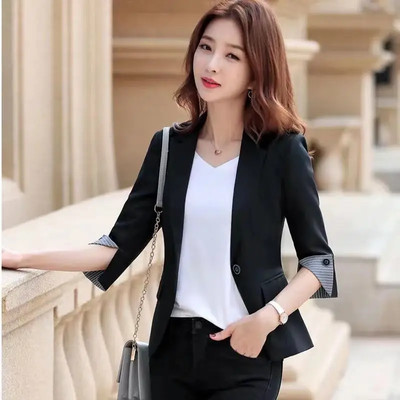 Women&#39;s Coat Spring  Korean  Blazer Mujer Notched Collar Chic Office Lady Jacket - £118.06 GBP