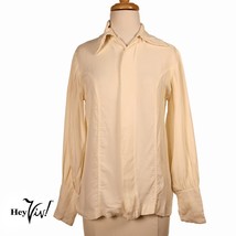 Vintage Ivory Crepe Tapered Button Up Blouse w Full Sleeves M Bust 36&quot; -... - £26.59 GBP
