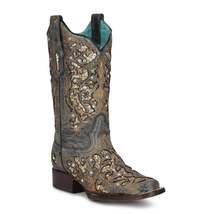 Women&#39;s Glitter Inlay with Studs and Crystals Square Toe Western Cowboy Boots - £127.48 GBP