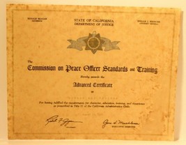 Vintage Peace Officers Standards &amp; Training Certificate 1974  - £6.32 GBP