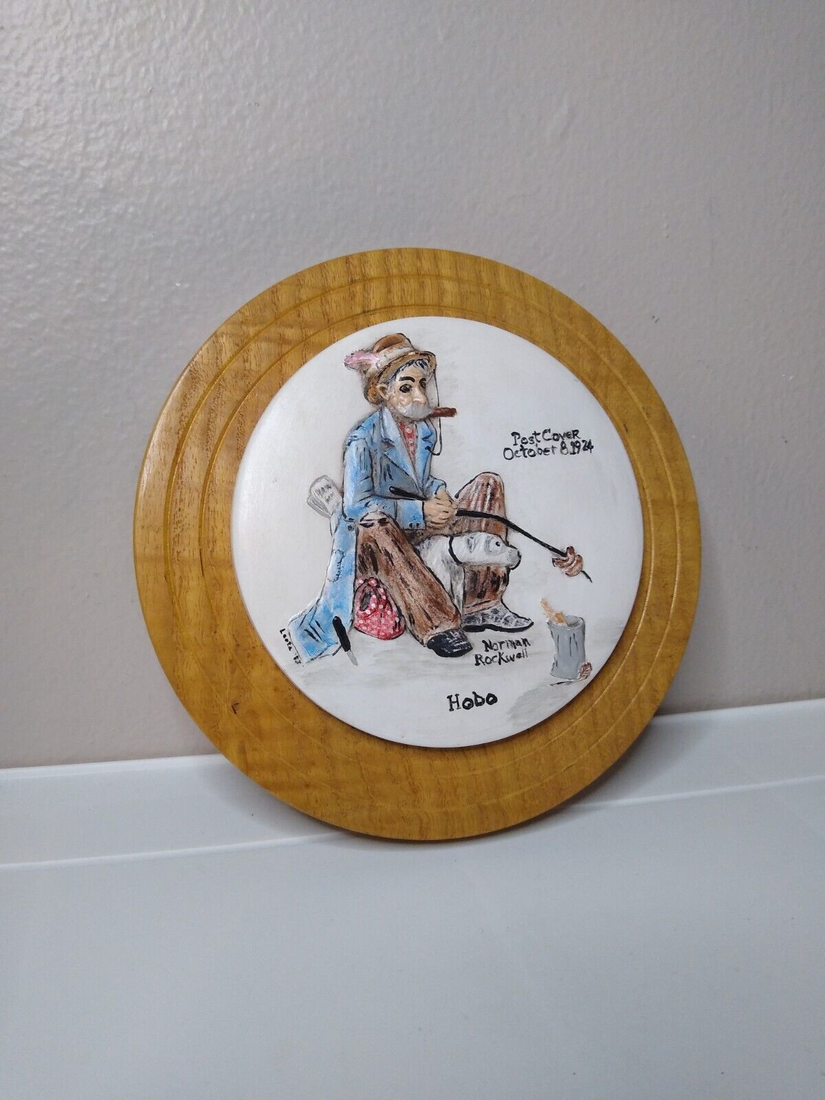 Vintage Hobo Norman Rockwell Ceramic And Wood Round Wall Decoration - $39.99
