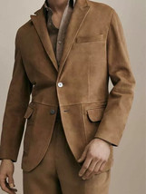 TAN Men&#39;s Real Soft Lambskin Suede Leather Blazer Stylish Handmade Forma... - £95.75 GBP+