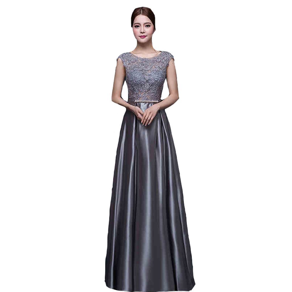 Kivary Grey Sheer Lace Appliques Cap Sleeves Formal Long A Line Evening Prom Dre