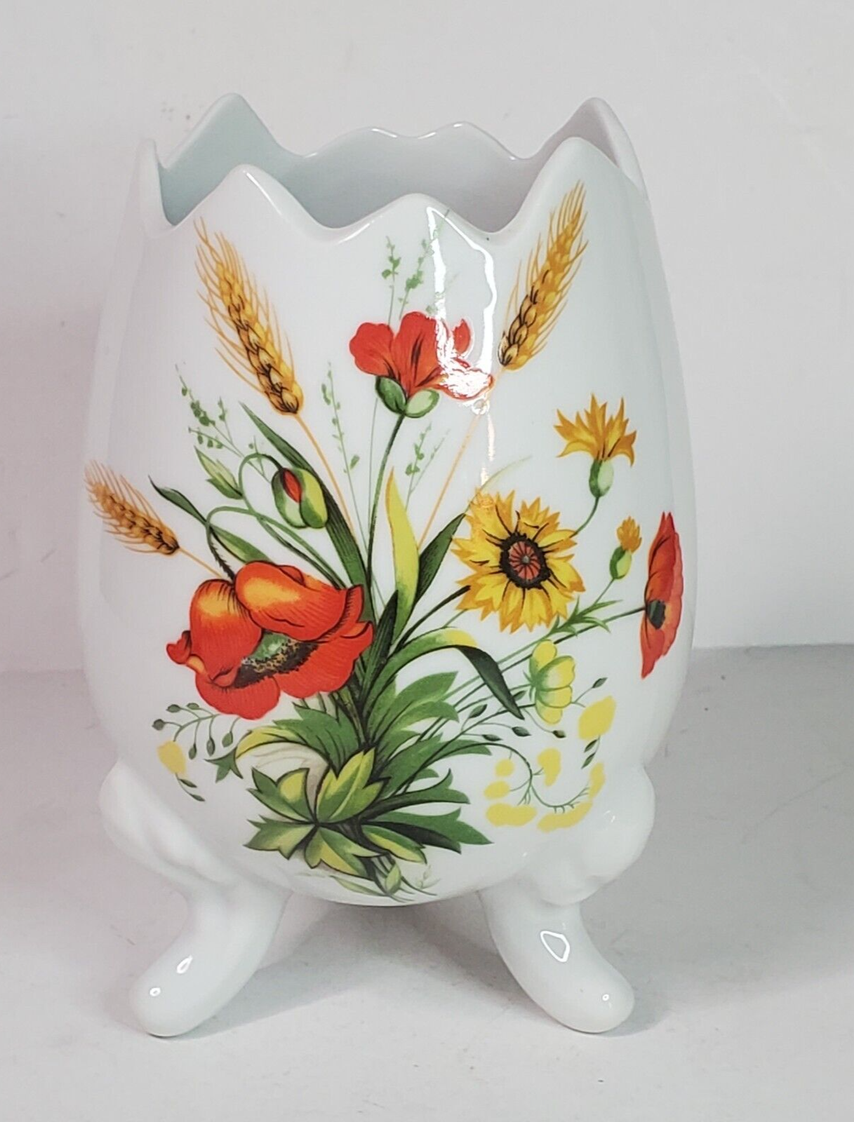 Lefton Poppies and Wheat Broken Egg Vase Planter #1484 3-Footed Vintage Ceramic - $14.80