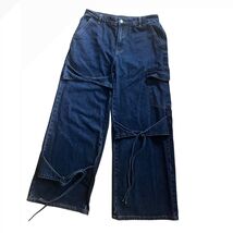 Cider Denim Woman Dark Blue Cargo Wide Leg Bow Knot Tie Detail Jeans Size L - $19.79