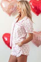 Pink Bowknot Printed Short Sleeve and Ruffled Shorts Pajama Set - $27.54