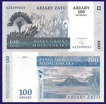 Madagascar P86a, 100 Ariary, palm, forest of limestone needles / sugar loaf UNC - £1.55 GBP