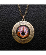 Colorful Tiger Cabochon LOCKET Pendant Bronze Chain Necklace USA Shipper... - £11.80 GBP