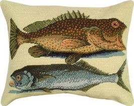 Throw Pillow Needlepoint Two Fish 16x20 20x16 Cotton Velvet Back Down In... - £238.96 GBP