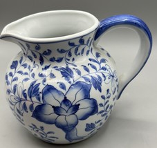 Pitcher Andrea by Sadek Blue White Handle Spout Floral Design 5.5 Tall 3.5 Diam. - £12.37 GBP