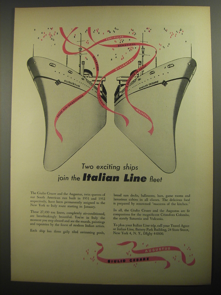 Primary image for 1956 Italian Line Cruise Ad - Two exciting ships join the Italian Line Fleet