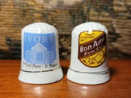 Vintage Gold Ringed Ivory Soap &amp; Bon Ami Powder Porcelain Sewing Thimbles  - $9.89