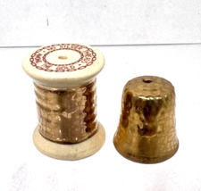 Vintage Arcadia Miniature Salt &amp; Pepper Shakers Thimble and Spool of Thread Gold - $18.32