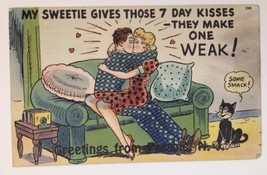 My Sweetie Gives Those 7 Day Kisses They Make One Weak Vintage Linen Comic PC - £7.09 GBP