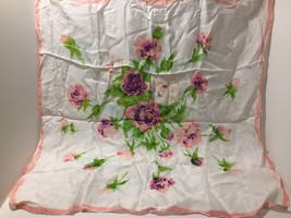 Vintage Scarf Pink Roses Flower Print Women&#39;s Ladies Scarf White and Pink Trim - £10.13 GBP
