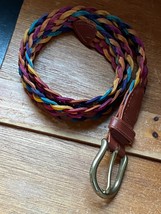 Brown Red Blue Yellow Pink Woven Genuine Leather Belt w Goldtone Colored... - £8.99 GBP