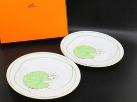 Hermes Nile Dessert Plate 22.5 cm porcelain green 2 set Nil lotus 8.75&quot; - £758.00 GBP