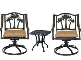 3 piece bistro patio set Palm Tree cast aluminum outdoor end table Bronze chairs - £873.27 GBP