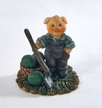Youngs Small Pig Farmer Figurine W/Basket Of Watermelon Overalls 3&quot; - £9.37 GBP