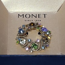 VTG Monet Multicolor Rhinestones Brooch Gold Tone Circle Wreath Pin 1.75&quot; NIB - £19.99 GBP