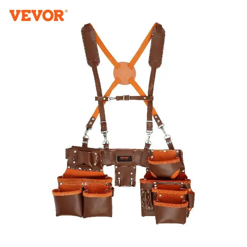 VEVOR 19 Pockets Tool Belt with Suspenders 29-54in Adjustable Leather Tool Waist - £121.79 GBP+