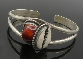 925 Sterling Silver - Vintage Red Stone &amp; Cowrie Split Cuff Bracelet - BT5687 - £108.24 GBP