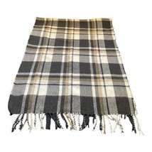 Fringed Large Grey And Tan Plaid Scarf With Fringe Shawl Cape Soft Fuzzy... - £10.66 GBP