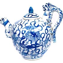 Chinese Blue &amp; White Porcelain Teapot Multiple Dragons Flowers Signed w/... - $358.63
