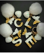 Lovely personalised KEYCHAIN. Epoxy resin handmade. Real fur pom pom - £7.03 GBP