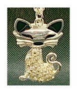 ARTICULATED 3D ST &amp; Enamel Puffy Cat Rhinestones Necklace Heart Cutout B... - £10.70 GBP