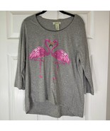 Caribbean Joe Gray Flamingo Tunic Top Women’s L Embellished 3/4 Sleeve Tee - $334.95 MXN