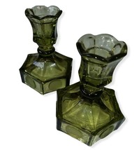 Pair of Vintage Green Glass Candlestick - £19.44 GBP