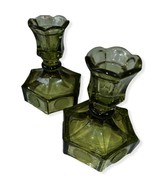 Pair of Vintage Green Glass Candlestick - £19.46 GBP