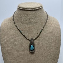 Vintage Native Silver and Turquoise Beaded Tear Drop Necklace - £39.05 GBP