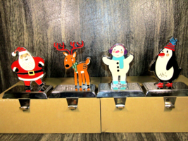 4 Enamel Chrome Christmas Stocking Mantel Holder Santa Reindeer Penguin Snowman - £31.14 GBP