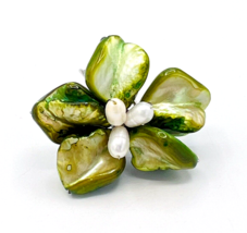 Wire Wrapped Dyed Green Mother Of Pearl Chunky Flower Ring Adjustable - £24.95 GBP