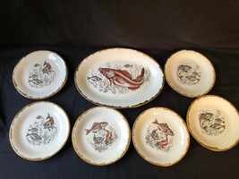 Antiguo Marcado Porcelana Pez Servicio Juego Servir Fuente 6 Individual Placas - £151.43 GBP