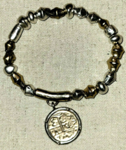 Gold &amp; Silver Tone Faux Ancient Coin Charm Beaded Stretch Bracelet Chico&#39;s - £14.77 GBP