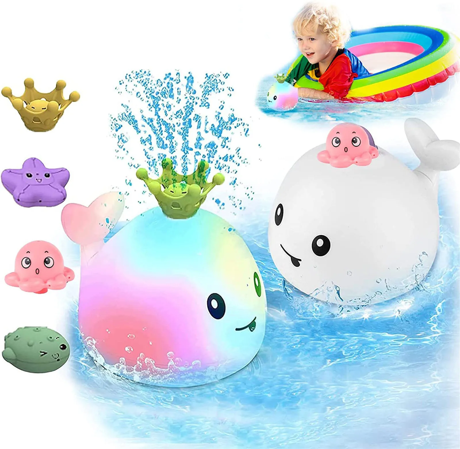 Baby Bath Tub Toys Whale Light Up Floating Rotation Pool Toys Infants Octopus - £16.33 GBP