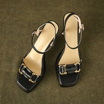 Women Genuine Leather Heeled Sandals Metal Chain Platform Thick High Heels Summe - £91.55 GBP