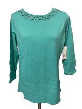 Kim Rogers Vive-La France 3/4 Sleeve Lattice Neck Tee Shirt Turquoise PS NWT - £11.36 GBP