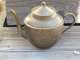 Vintage India Solid Brass TEAPOT ~ Etched Floral Design 5” tall ~ SHIPS FREE - £23.59 GBP