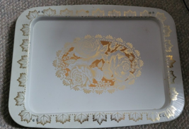 Vintage Metal TV Serving Tray White &quot;Gold Tone&quot;   In Bed Breakfast Foldi... - $21.99