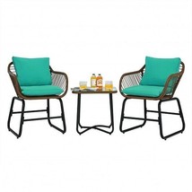 3 Pieces Patio Rattan Bistro Set Cushioned Chair Glass Table Deck-Turquo... - $4,315.99 MXN