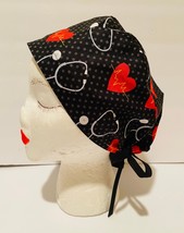 Unisex Cotton Tie-On &quot;Hearts &amp; Stethoscopes&quot; Scrub Cap, OR Hat, Nurse, D... - £11.79 GBP