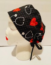 Unisex Cotton Tie-On &quot;Hearts &amp; Stethoscopes&quot; Scrub Cap, OR Hat, Nurse, Doc, CRNA - £11.85 GBP