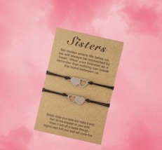 Set Of 2 Sister Bracelets - Silver Hearts On A Black Rope Adjustable Chain - £8.66 GBP